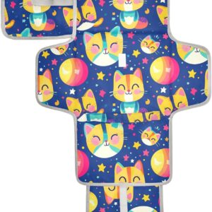 reusable baby changing mat with tissue pocket, portable baby changing mat infant travel station kit cartoon cats yellow navy sky