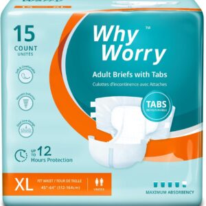 whyworry adult nappies for women and men, disposable adult diapers for incontinence with overnight absorbency, odor control, unisex, xlarge, 15 count