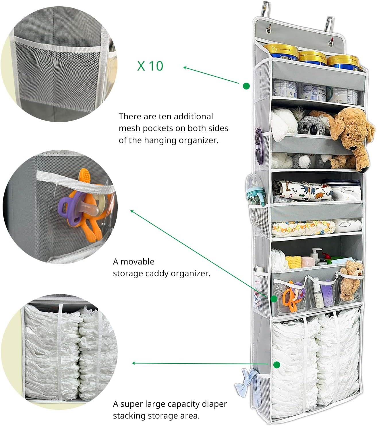 door hanging storage organizer with 3 containers, 1 moveable baby diaper bag, 1 large capacity, 10 side pockets, bedroom door storage for nursery door hanging storage organizer with 3 containers, 1 moveable baby diaper bag, 1 large capacity, 10 side pockets, bedroom door storage for nursery