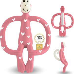 matchstick monkey original monkey teething ring baby teething aid soft nubs massage sore gums 100% silicone bpa free grasping toy for teething (hearts (pink) special edition)