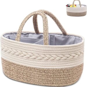 yeonhwa baby diaper caddy organizer, woven rope cotton nursery storage basket, portable handle with large changing compartment bins, cream beige