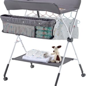 vevor baby changing table, foldable diaper change station with side basket, adjustable height portable changing table with lockable wheels, multi functional storage organizer nursery, dark gray