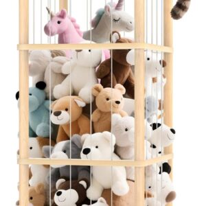 stuffed animal storage zoo tower,56in wooden large stuffed animal holder organizer with wheels,stuffy plushies storage with elastic band&mesh bottom,toy storage organizers for playroom bedroom nursery