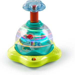 bright starts, 10042 press & glow spinner, music toy spinning top with flashing lights and melodies, promotes motor skills and understanding cause and effect, 19.05 x 17.78 x 21.59 cm