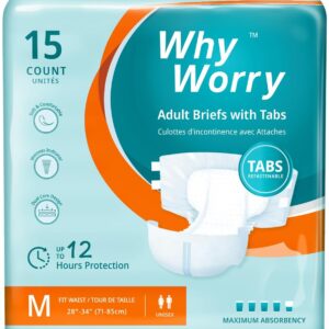 whyworry adult nappies for women and men, disposable adult diapers for incontinence with overnight absorbency, odor control, unisex, medium, 15 count