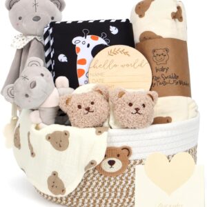 baby gift basket, newborn hamper set with nappy caddy sensory book baby comforter blanket swaddle socks rattle bib milestone cards | baby shower gifts box for boy girl unisex new mum (hamper set)