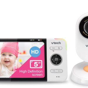 vtech vm818hd baby monitor with camera,hd no glare night vision,video baby monitor with 5'' 720p hd display,night light,110°wide angle view,true colour day vision 300m range,2 way talk white