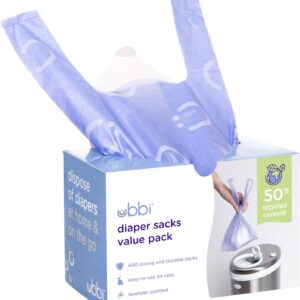 ubbi disposable diaper sacks, lavender scent, easy tie tabs, baby diaper trash bags or pet waste bags, value pack, 400 count