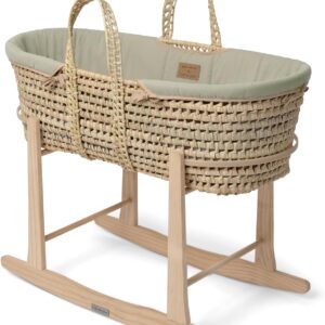 clair de lune organic palm moses basket with natural rocking stand, award winning baby bassinet 75 x 28 cm (sage green)