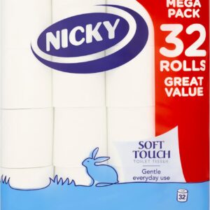 nicky soft touch toilet tissue |extra value pack – 32 rolls of extra gentle white toilet paper |190 sheets per roll| 2 ply | soft tissue | modern embossing |easy opening | 100% fsc certified paper