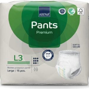 abena pants premium pull up incontinence pants, eco labelled incontinence pants for men & women, discreet, protective, breathable, comfortable large 3, 100 140cm waist, 2200ml absorbency, 15pk