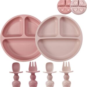 pandaear set of 2 silicone children's plates with suction plate and 2 baby spoons 2 forks, divided baby plates, non slip, bpa free, split plate set, blw learning plate