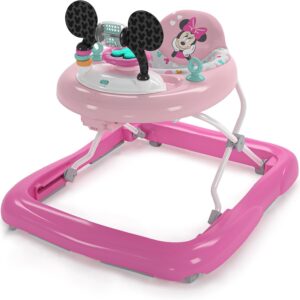 bright starts, disney baby, minnie mouse forever besties 2 in 1 activity walker with removable toy station with lights, songs & sounds, adjustable height, foldable, easy to clean, pink, age 6 months+