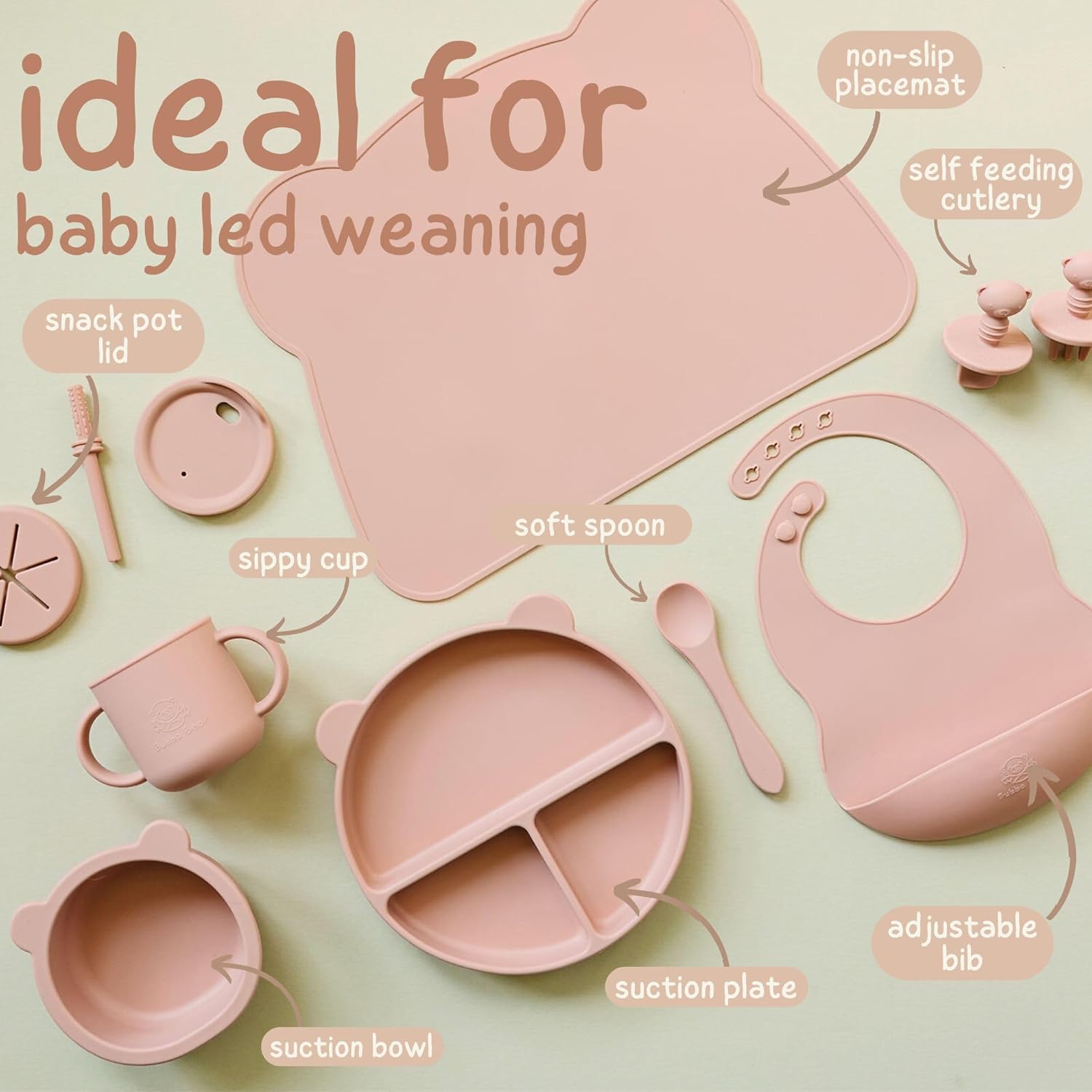 bubba bear silicone baby crockery set, non slip children's crockery set with suction cup, 11 pieces bpa free learning to eat cutlery sets with spoon, fork, bowl, bib, cup, drinking cup (dusty pink) bubba bear silicone baby crockery set, non slip children's crockery set with suction cup, 11 pieces bpa free learning to eat cutlery sets with spoon, fork, bowl, bib, cup, drinking cup (dusty pink)