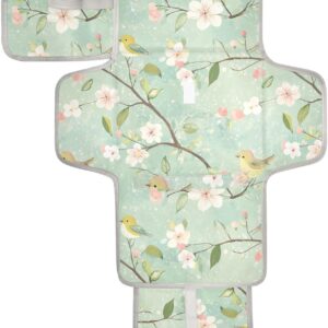 reusable baby changing pad with tissue pocket portable diaper changing pad infant travel station kit spring pear blossom birds green