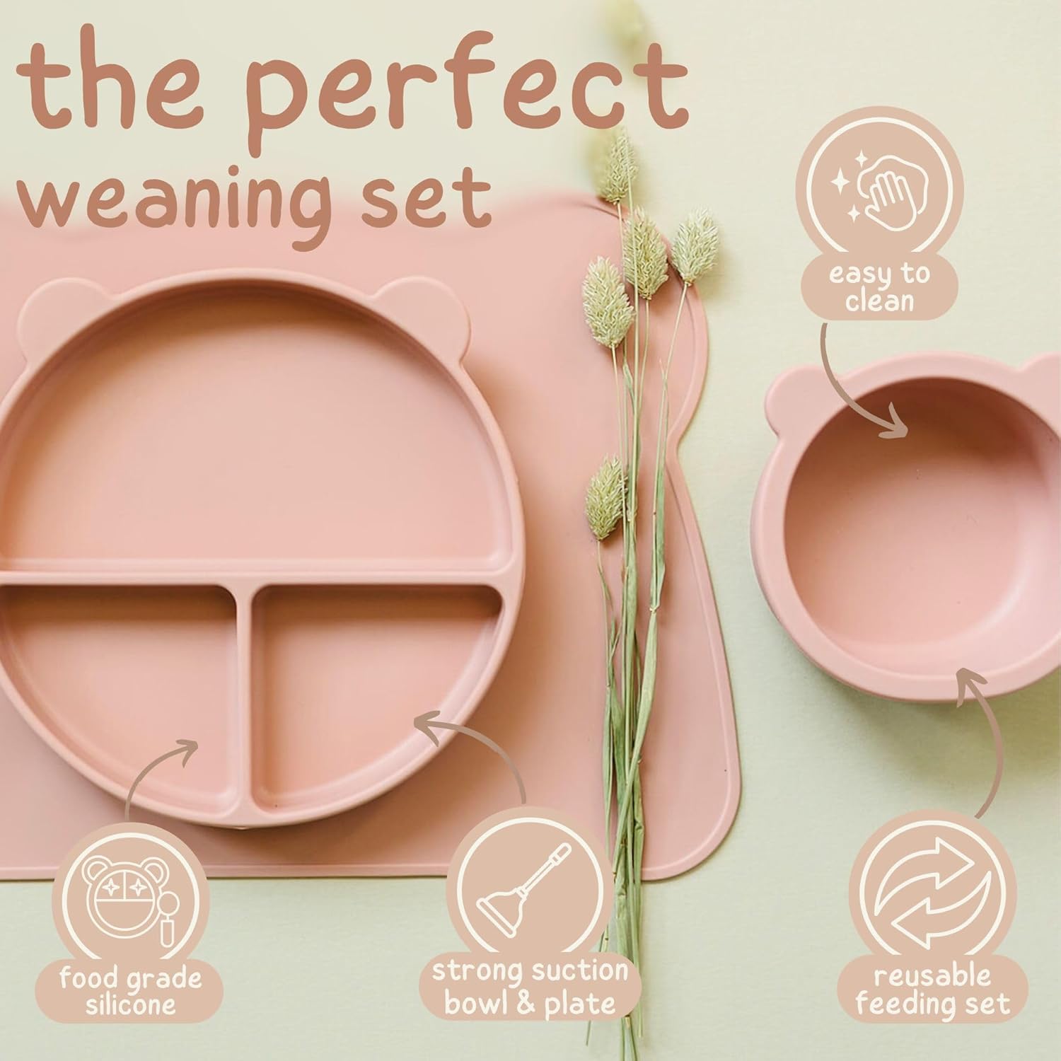 bubba bear silicone baby crockery set, non slip children's crockery set with suction cup, 11 pieces bpa free learning to eat cutlery sets with spoon, fork, bowl, bib, cup, drinking cup (dusty pink) bubba bear silicone baby crockery set, non slip children's crockery set with suction cup, 11 pieces bpa free learning to eat cutlery sets with spoon, fork, bowl, bib, cup, drinking cup (dusty pink)