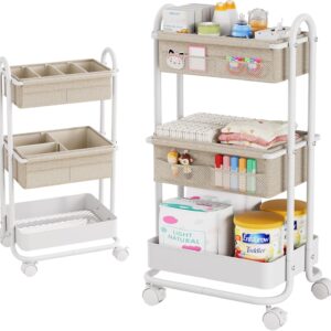 baby diaper caddy organizer cart 3 tier rolling storage cart with wheels, baby essentials nursery storage, detachable dividers for crib, bedroom, art & craft organizer (off white)