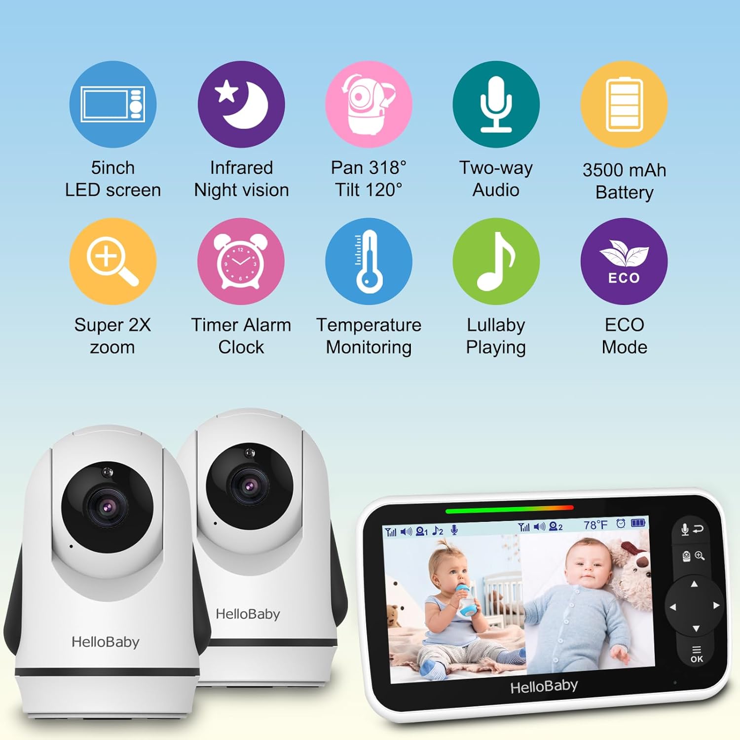 hellobaby video baby monitor with 2 cameras and 5 inch split screen display, remote control cameras with night vision and temprature monitoring hellobaby video baby monitor with 2 cameras and 5 inch split screen display, remote control cameras with night vision and temprature monitoring