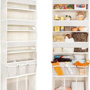 door hanging storage organizer,with 3 bins 1 movable baby diaper caddy,1 large capacity diaper stacking storage organizer,10 side pockets ,bedroom door storage for nursery baby essentials. (beige)