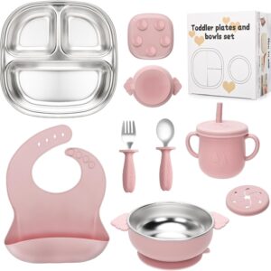cldy 8 piece baby crockery set with stainless steel baby plate toddler bowl spoon silicone bib drinking cup with removable silicone suction cup, bpa free, leak proof, dishwasher safe