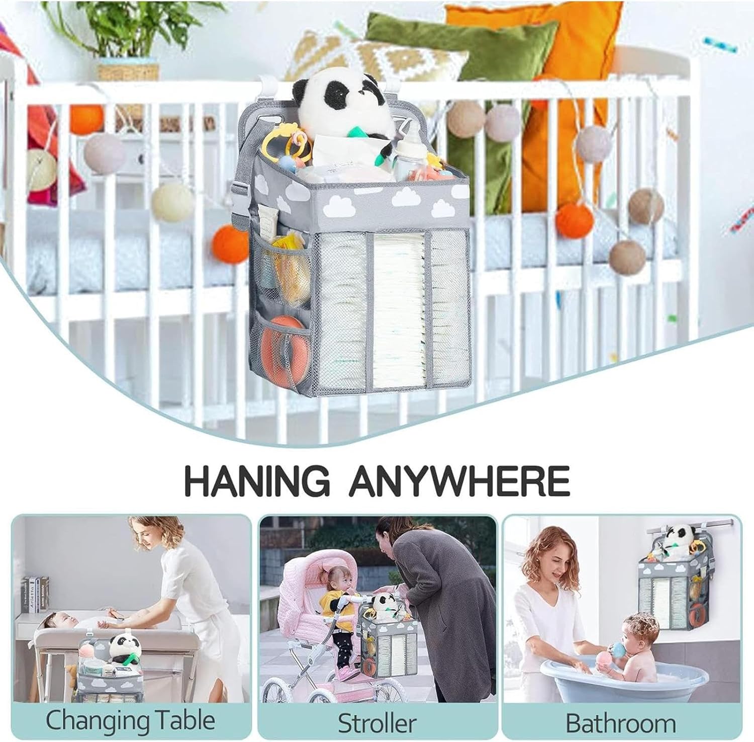 diaper holder crib waterproof baby organizer for nursery, stable storage stacker, adjustable multi pocket storage, portable crib accessories for diapers, wipes, bottles, clothes, toys diaper holder crib waterproof baby organizer for nursery, stable storage stacker, adjustable multi pocket storage, portable crib accessories for diapers, wipes, bottles, clothes, toys