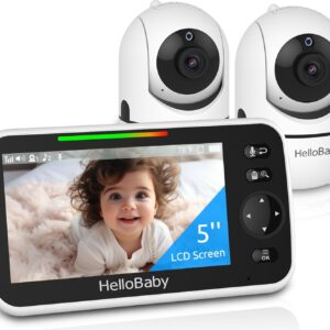 hellobaby upgrade 5’’ baby monitor with 26 hour battery, 2 cameras pan tilt zoom, 1000ft range video audio baby monitor no wifi, vox, night vision, 2 way talk, 8 lullabies and temperature