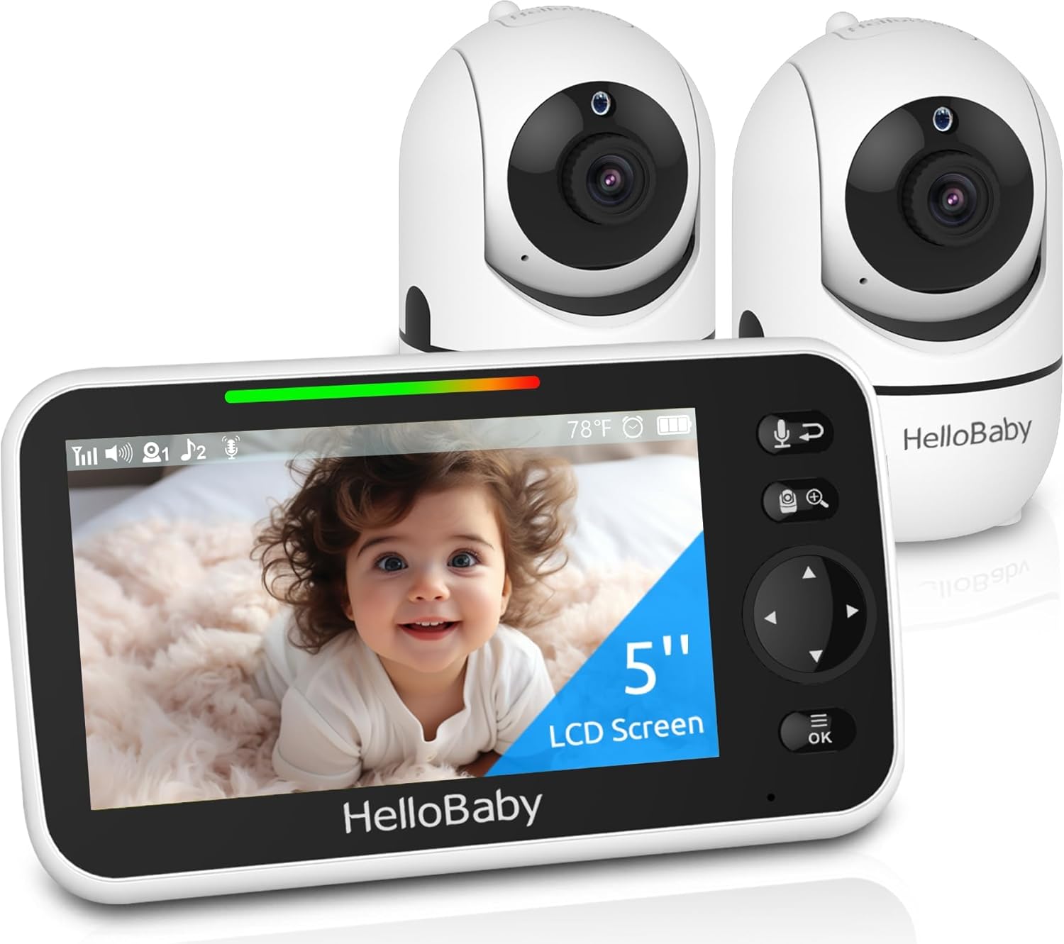 hellobaby upgrade 5’’ baby monitor with 26 hour battery, 2 cameras pan tilt zoom, 1000ft range video audio baby monitor no wifi, vox, night vision, 2 way talk, 8 lullabies and temperature hellobaby upgrade 5’’ baby monitor with 26 hour battery, 2 cameras pan tilt zoom, 1000ft range video audio baby monitor no wifi, vox, night vision, 2 way talk, 8 lullabies and temperature