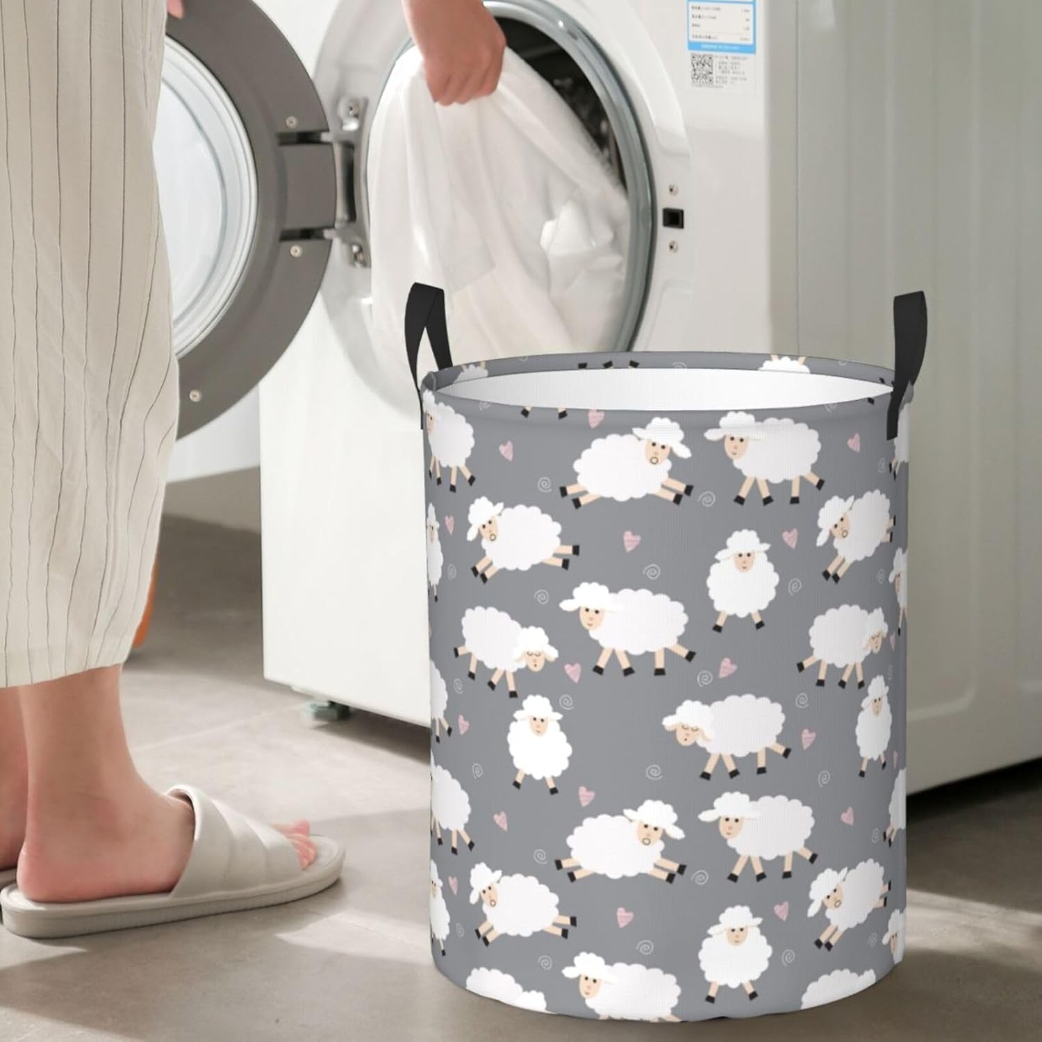 cute sheep (gray) round laundry hamper storage basket toys clothes organizer bin for home bathroom bedroom dorm nursery, 62l cute sheep (gray) round laundry hamper storage basket toys clothes organizer bin for home bathroom bedroom dorm nursery, 62l