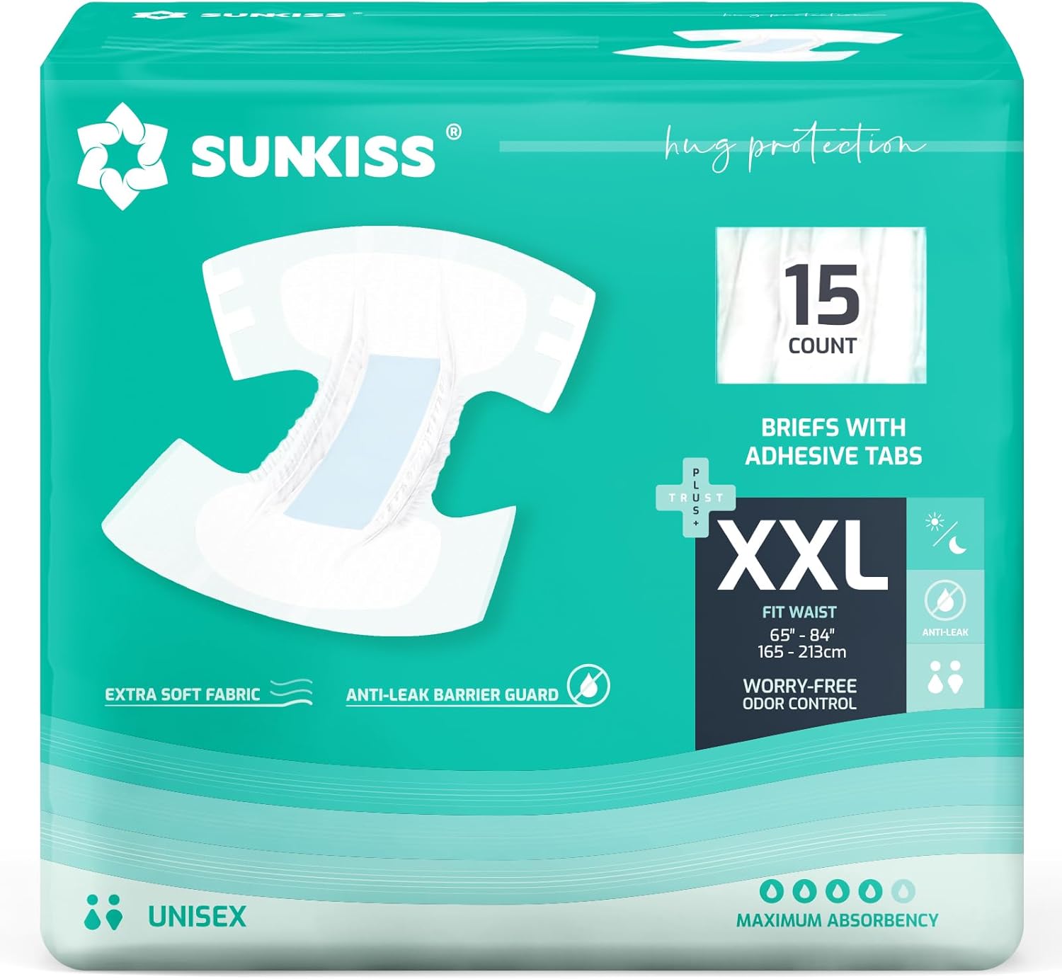 sunkiss trustplus adult diapers with maximum absorbency, unisex disposable incontinence briefs with tabs for men and women, odor control, xxlarge, 15 count sunkiss trustplus adult diapers with maximum absorbency, unisex disposable incontinence briefs with tabs for men and women, odor control, xxlarge, 15 count