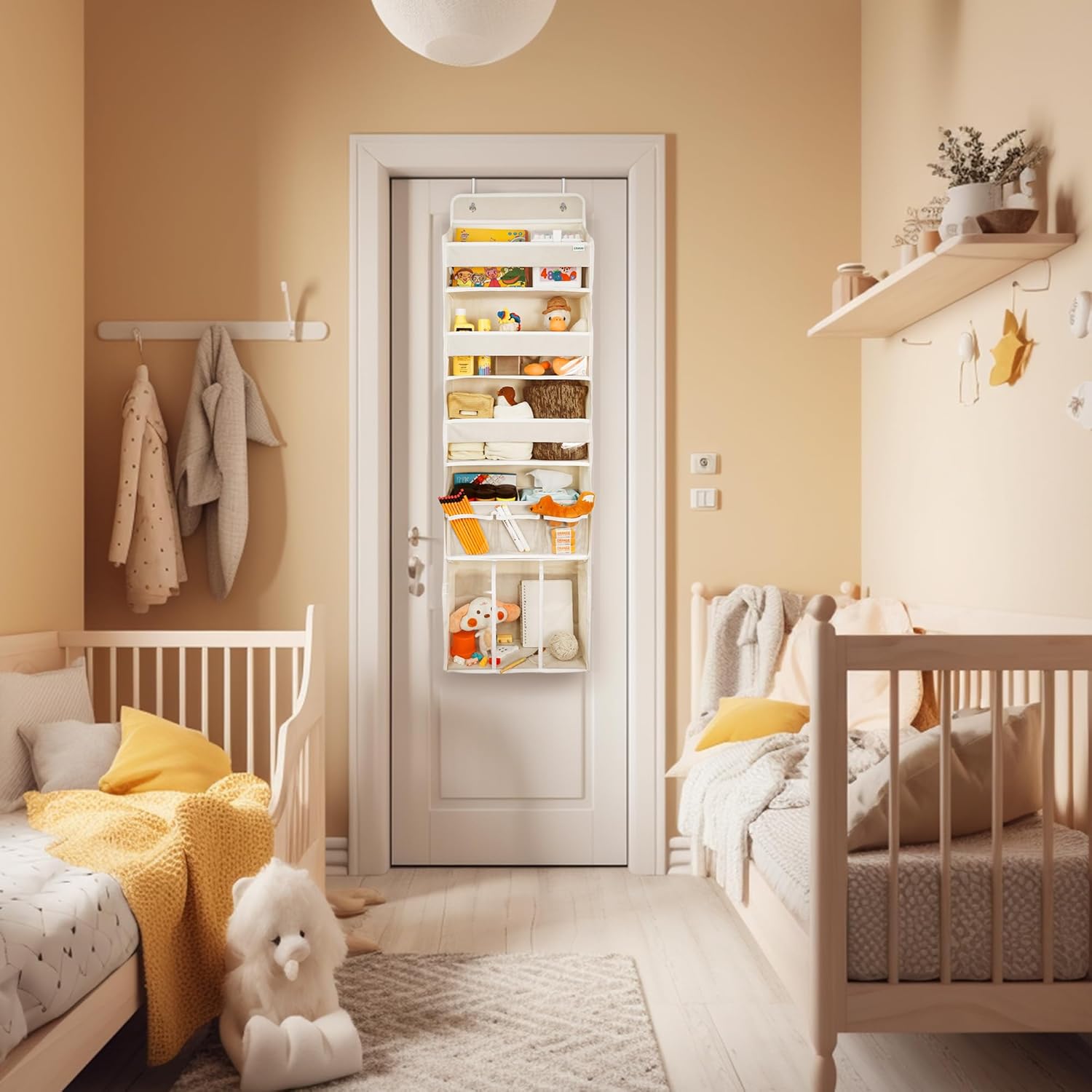 door hanging storage organizer,with 3 bins 1 movable baby diaper caddy,1 large capacity diaper stacking storage organizer,10 side pockets ,bedroom door storage for nursery baby essentials. (beige) door hanging storage organizer,with 3 bins 1 movable baby diaper caddy,1 large capacity diaper stacking storage organizer,10 side pockets ,bedroom door storage for nursery baby essentials. (beige)