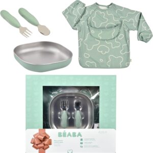 bÉaba baby food set gift set from 4 months stainless steel plate microwave safe, ergonomic cutlery, bib with sleeves, storage box, healthy and durable materials sage green