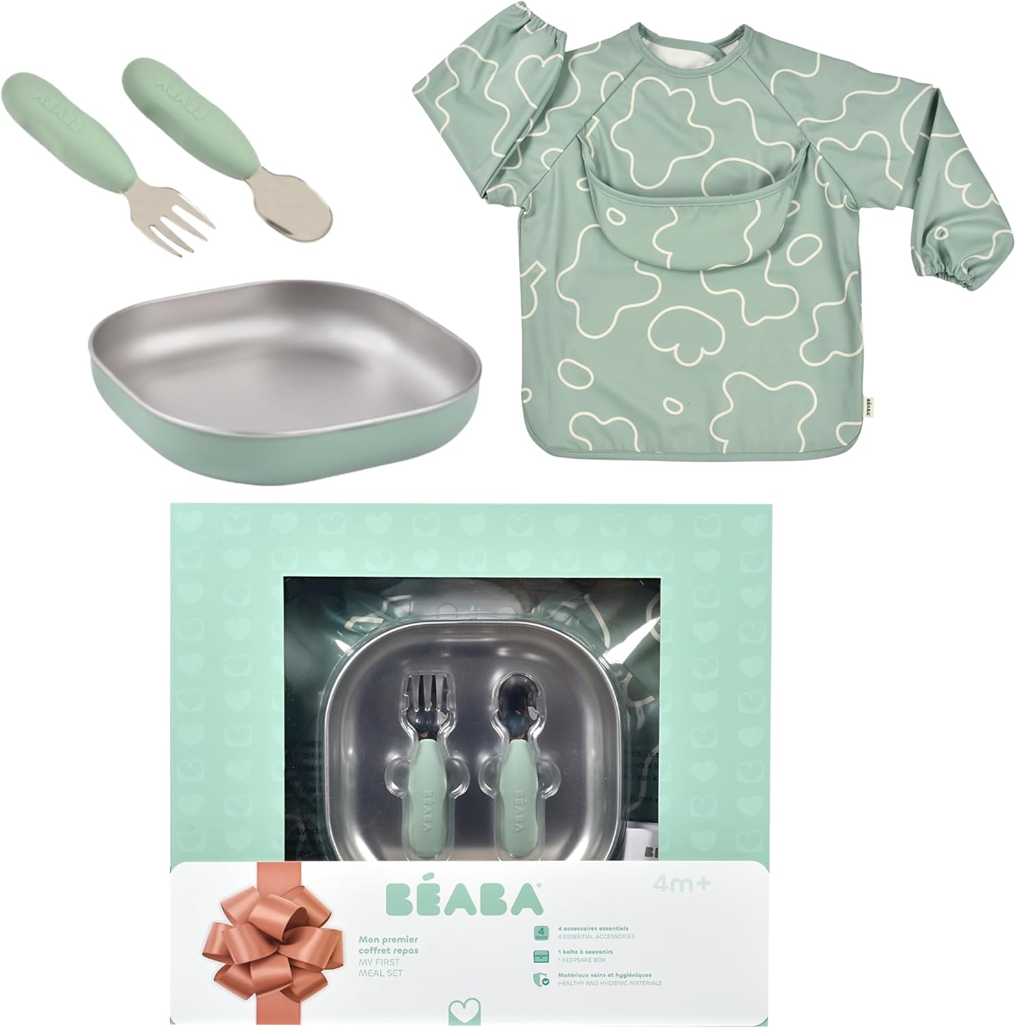 bÉaba baby food set gift set from 4 months stainless steel plate microwave safe, ergonomic cutlery, bib with sleeves, storage box, healthy and durable materials sage green bÉaba baby food set gift set from 4 months stainless steel plate microwave safe, ergonomic cutlery, bib with sleeves, storage box, healthy and durable materials sage green