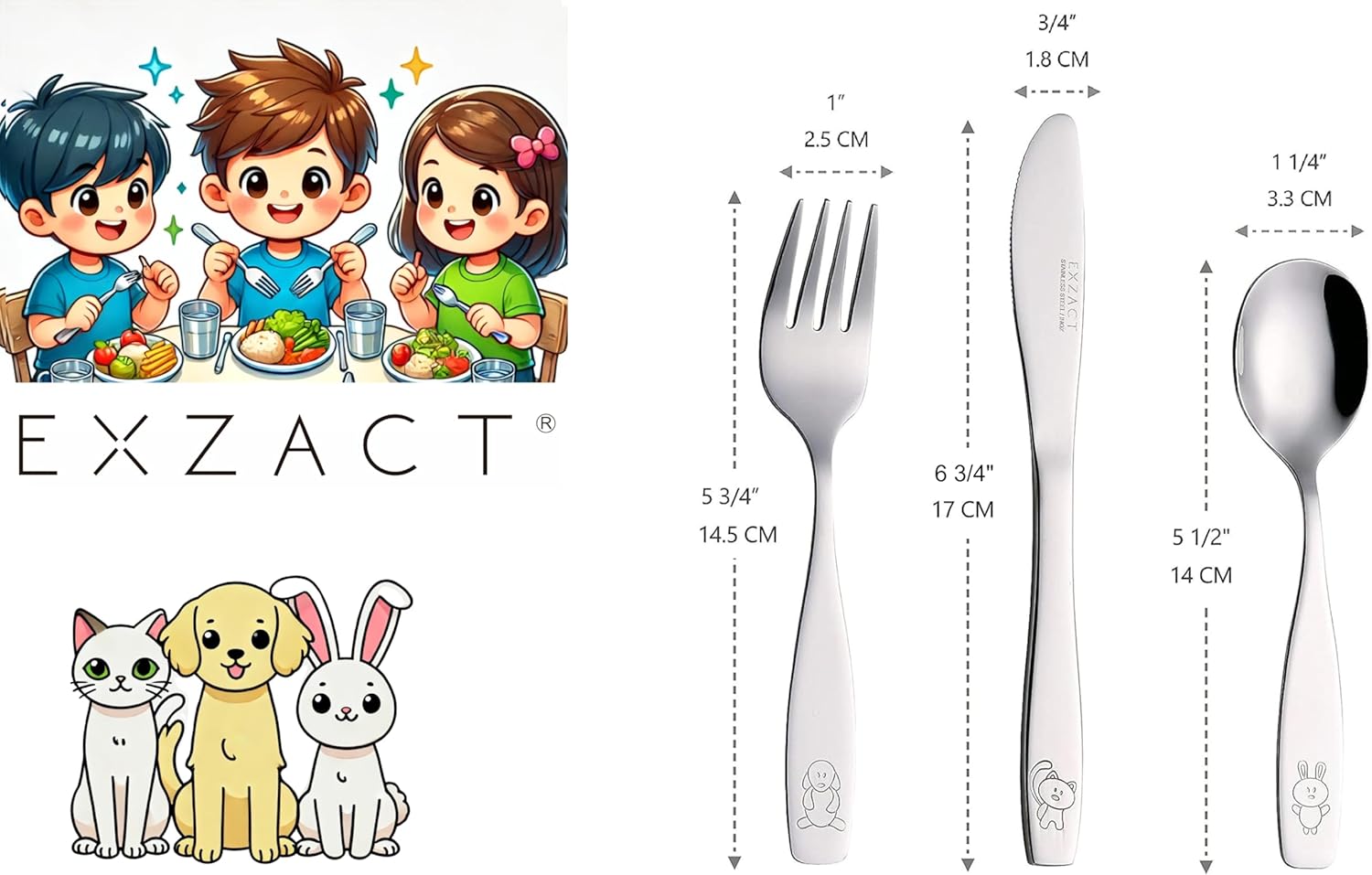 exzact children's cutlery stainless steel 6pcs set/kids cutlery/toddler utensils/flatware 2 x forks, 2 x safe dinner knives, 2 x dinner spoons engraved dog cat bunny design exzact children's cutlery stainless steel 6pcs set/kids cutlery/toddler utensils/flatware 2 x forks, 2 x safe dinner knives, 2 x dinner spoons engraved dog cat bunny design