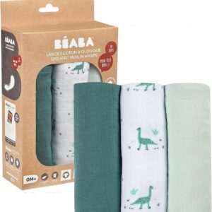 bÉaba, set of 3 muslin nappies, burp cloths, organic cotton muslin, multi purpose cloths: swaddle blanket, bib, cuddle cloth, super soft, breathable, large, 70 x 70 cm, ecological and healthy