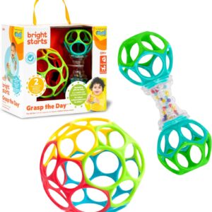 bright starts easy grasp oball bundle gift set grasp the day, ball and rattle toys 2 pack, bpa free, unisex, newborn+