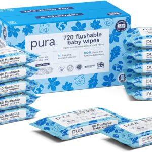 pura flushable baby wipes 12 x 60 per pack, (720 water based wet wipes) 100% plastic free, 99% water, suitable for sensitive & eczema prone skin, monthly pack biodegradable, compostable, vegan
