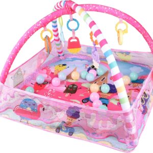 bebamour baby playmats floor gyms from birth, 18 balls, 5pcs hanging toys, soft baby play activity gym playmats floor gyms for 0 24 months(pink)