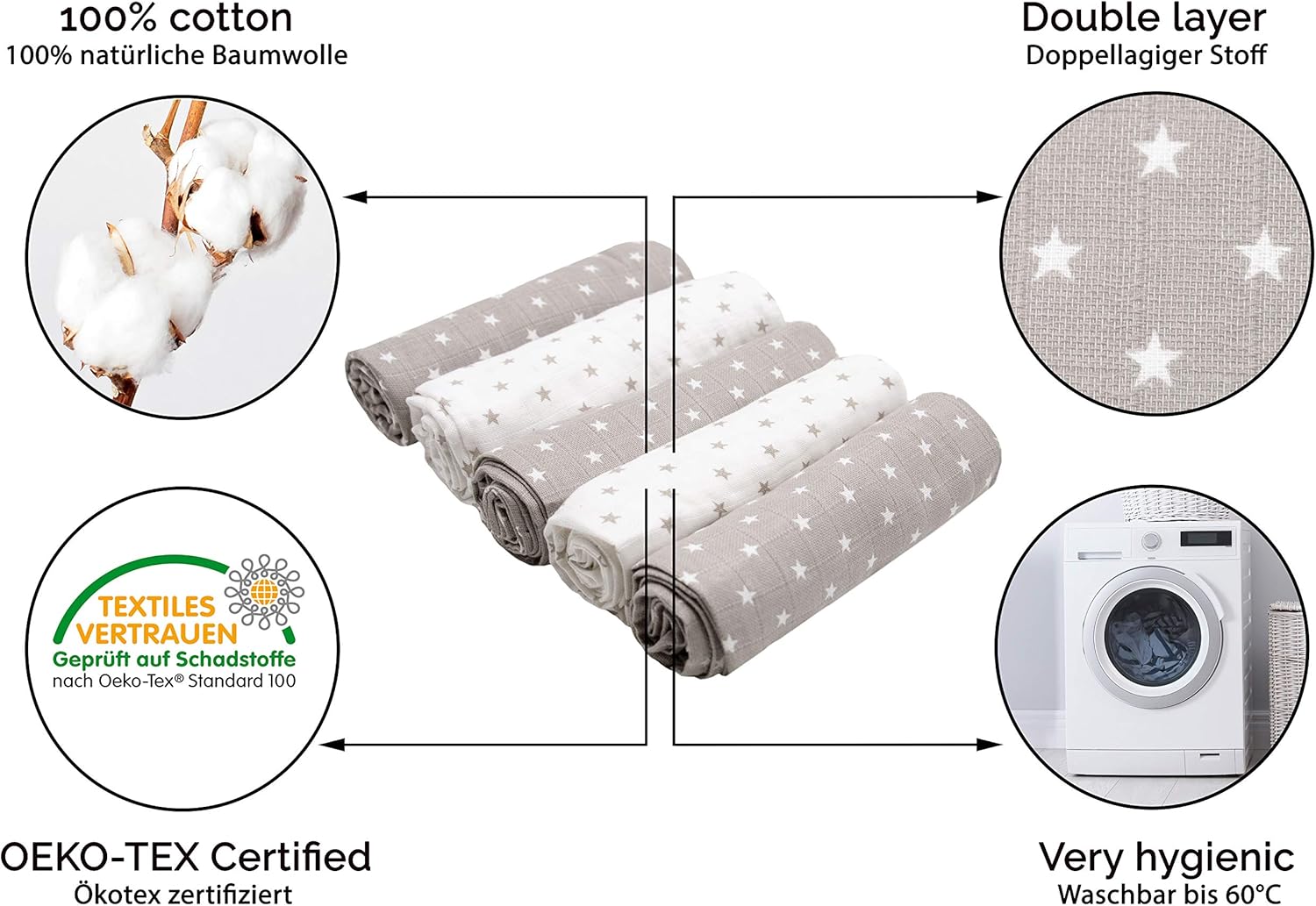 zollner set of 10 muslin burp cloths, muslin nappies, 80 x 80 cm, cotton, white / grey zollner set of 10 muslin burp cloths, muslin nappies, 80 x 80 cm, cotton, white / grey