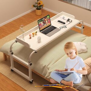 over the bed table with wheels, adjustable width and height, mobile desk for laptop work, medical use, and recliner comfort