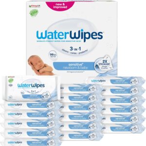 waterwipes sensitive+ newborn & baby wipes, 1080 count (18 packs), 3 in 1 cleans, cares, protects, 99.9% water, unscented