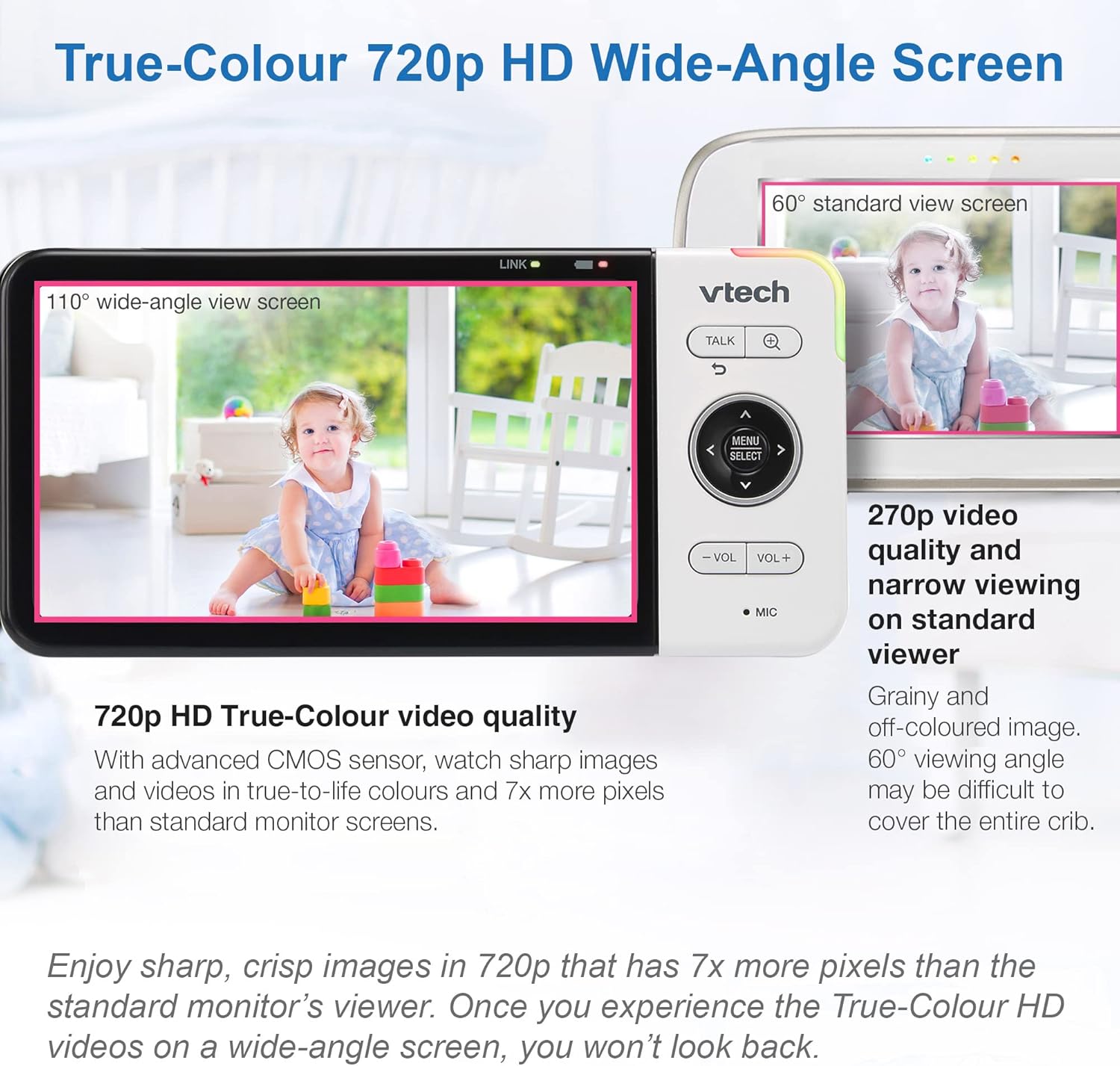 vtech vm818hd baby monitor with camera,hd no glare night vision,video baby monitor with 5'' 720p hd display,night light,110°wide angle view,true colour day vision 300m range,2 way talk white vtech vm818hd baby monitor with camera,hd no glare night vision,video baby monitor with 5'' 720p hd display,night light,110°wide angle view,true colour day vision 300m range,2 way talk white