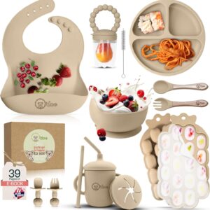 o'doe baby weaning set 15 piece silicone feeding set with suction cup, bowl, bib, sippy cup bpa free | 6m+ (beige)