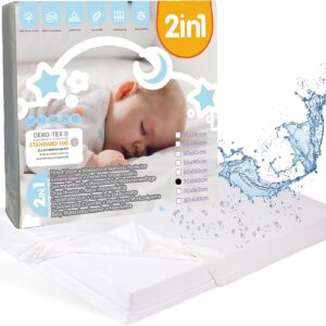 bisoo waterproof cot bed sheets 140 x 70 fitted / 28x55 in 2in1 fitted sheet mattress tector made of 100% jersey oeko tex + pu for toddler cots beds & cribs soft & silent white