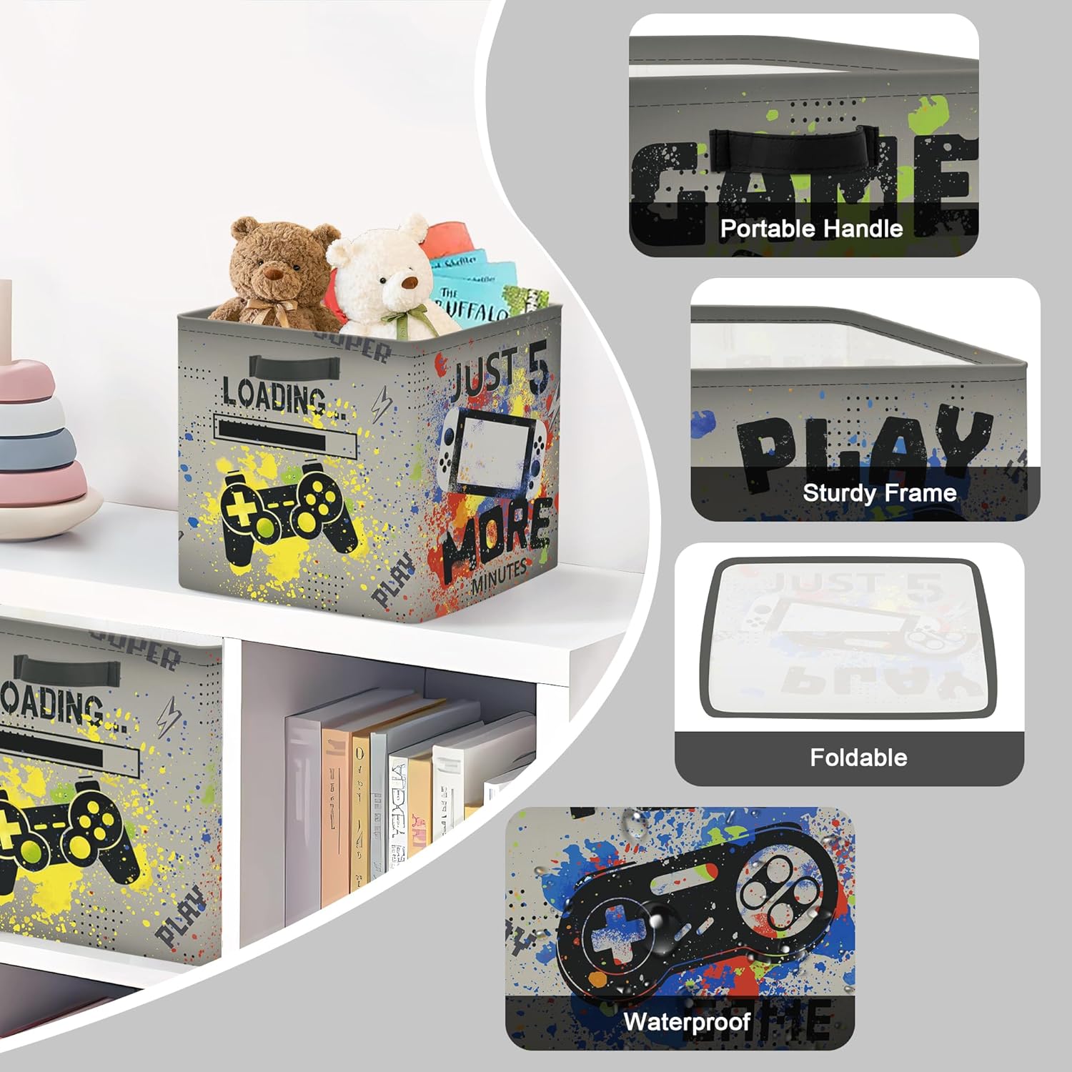 clastyle video games kid storage cube organizer set closet clothes cube storage bin nursery toddler baby toy box chest boys book shelf basket, gamepad, 11.8x11.8x11.8 in clastyle video games kid storage cube organizer set closet clothes cube storage bin nursery toddler baby toy box chest boys book shelf basket, gamepad, 11.8x11.8x11.8 in