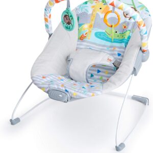 bright starts, safari fun baby rocker, baby swing with soothing vibrations, play arch with 2 toys, 3 point harness seat, machine washable seat cushion, from birth to 9 kg