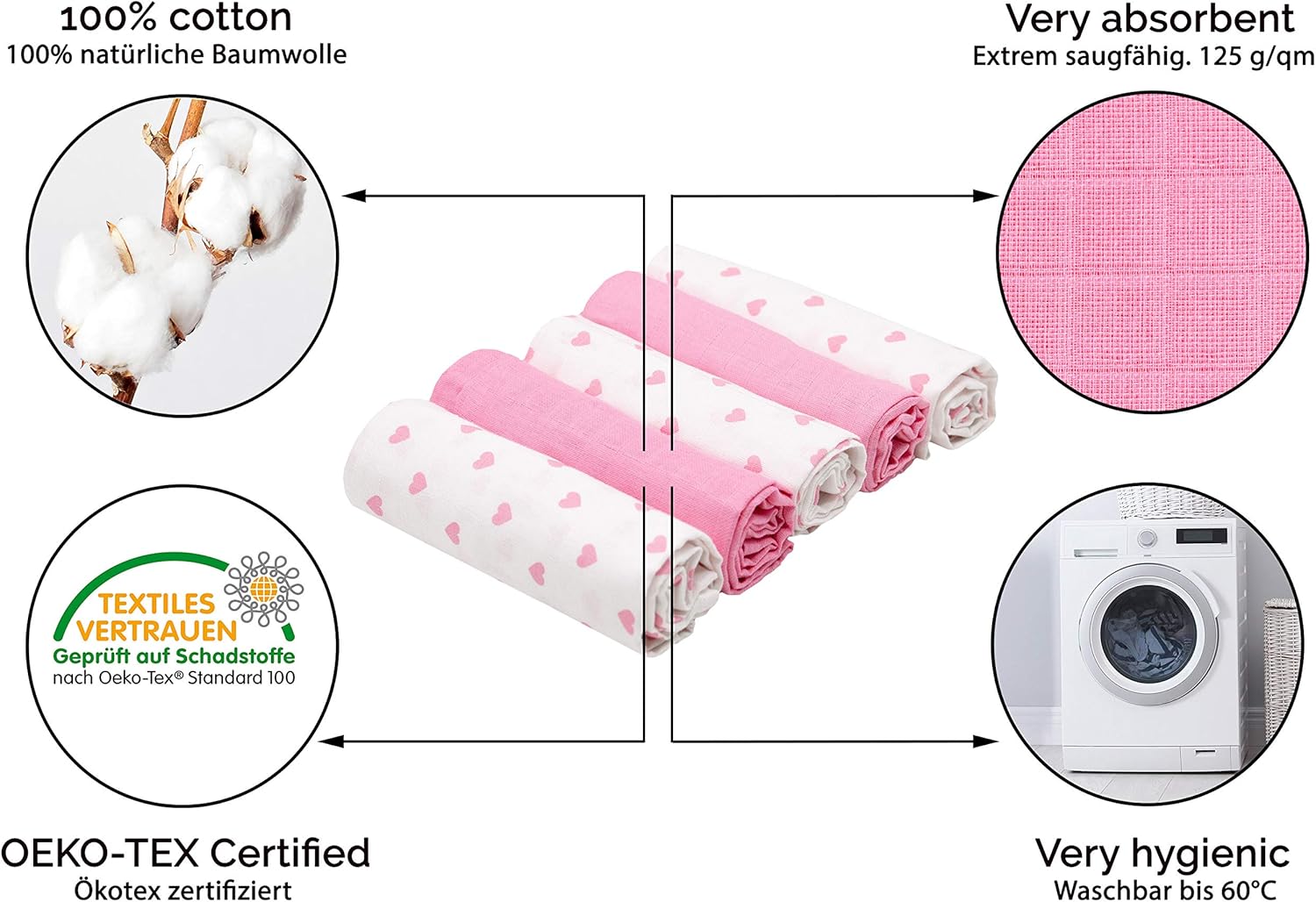 zollner set of 5 muslin burp cloths, muslin nappies, 80 x 80 cm, cotton, pink / white zollner set of 5 muslin burp cloths, muslin nappies, 80 x 80 cm, cotton, pink / white