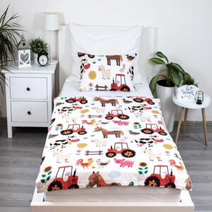 theonoi children's bed linen 100 x 135 + 40 x 60 cm, 2 piece set consisting of duvet cover and pillowcase for baby and toddler bed, 100% cotton, oeko tex, reversible animals & tractor motif