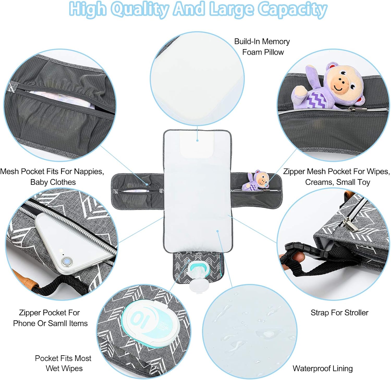 portable nappy changing mat, baby travel changing mat with storage pockets for toddlers infants & newborns, grey portable nappy changing mat, baby travel changing mat with storage pockets for toddlers infants & newborns, grey