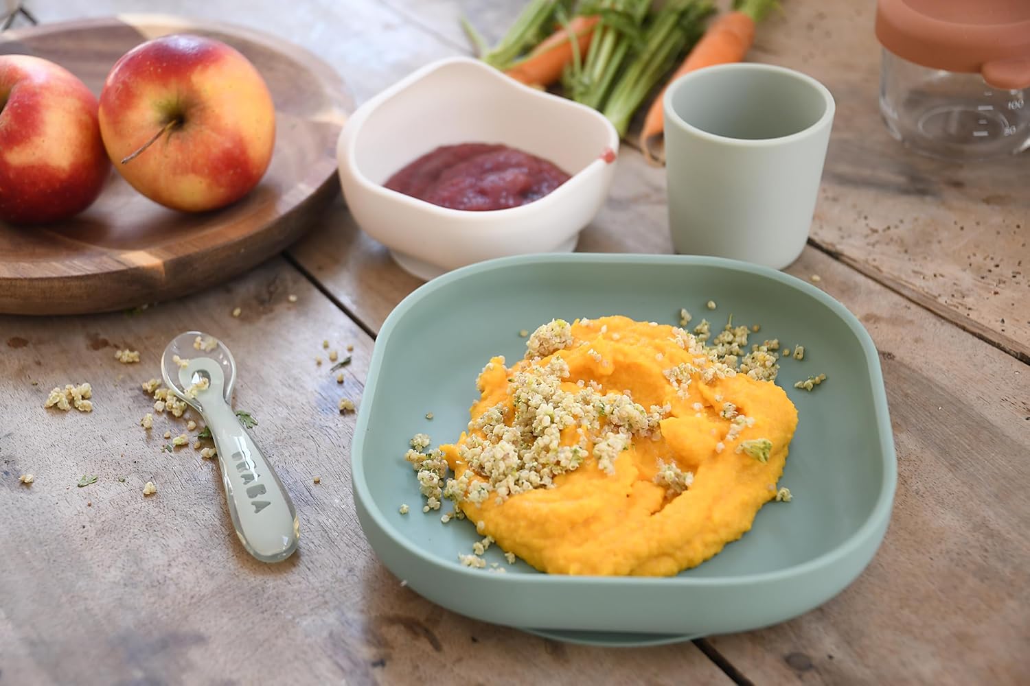 bÉaba, silicone baby food dinnerware set with suction cup non slip 4 piece plate bowl glass spoon healthy sustainable silicone dishwasher safe microwave safe sage green bÉaba, silicone baby food dinnerware set with suction cup non slip 4 piece plate bowl glass spoon healthy sustainable silicone dishwasher safe microwave safe sage green