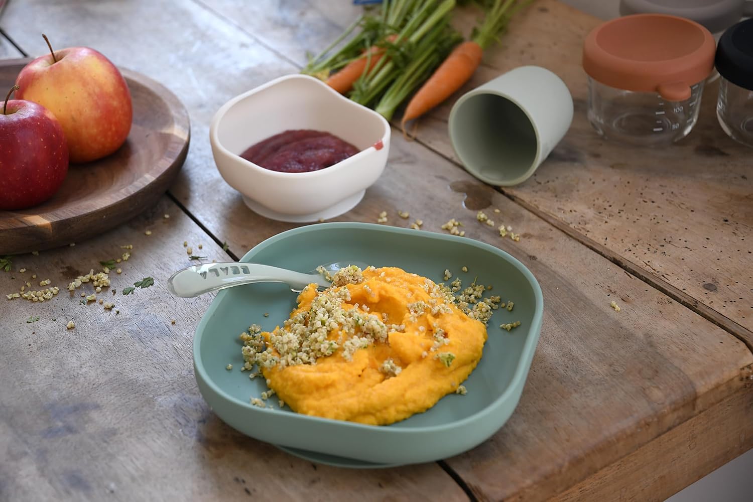 bÉaba, silicone baby food dinnerware set with suction cup non slip 4 piece plate bowl glass spoon healthy sustainable silicone dishwasher safe microwave safe sage green bÉaba, silicone baby food dinnerware set with suction cup non slip 4 piece plate bowl glass spoon healthy sustainable silicone dishwasher safe microwave safe sage green